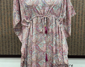 Vestido caftán de seda hecho a mano – Ropa de estar por casa con estampado floral, talla única