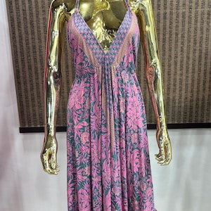 Boho Floral Halter Maxi Dress – Pink & Teal Long Backless Summer Dress, Flowy Ruffle Hem Beach Dress, Casual Bohemian Goddess Dress
