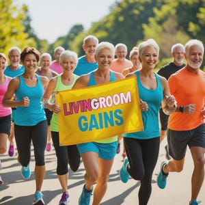 Könnte beinhalten: Eine Gruppe von Menschen, die im Freien laufen, einige tragen Sportkleidung. Ein gelbes Banner mit den Worten "LIVINGROOM GAINS" in Blau und Weiß wird von mehreren Personen gehalten. Die Läufer lächeln und scheinen Spaß zu haben.