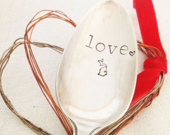 Love with heart and Michigan Mitten. Stamped spoon. Vintage Silverplated Tablespoon. Unique Valentine Gift