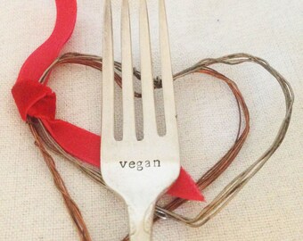 Vegan! Silverplated Handstamped Fork. A delightful and lovely gift.