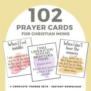 May include: A collection of 102 prayer cards for Christian moms. The cards feature inspirational quotes and watercolor designs. The text includes phrases like "When I feel invisible" and "I will uphold you with my righteous hand."