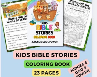 May include: A colorful children's coloring book titled "Kids Bible Stories" with illustrations of Noah's Ark and biblical scenes. The cover features a rainbow, sun, and the text "Judges & God's Power". The book has 23 pages.