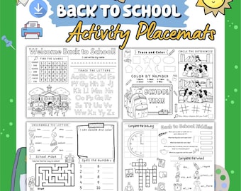 Back to School Activity Placemats for Kids, First Week of School Worksheets