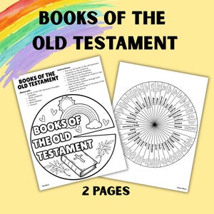 May include: A printable activity set titled Books of the Old Testament featuring two pages. One page shows a circular cover wheel with a rainbow, hearts, and a bible illustration. The second page displays a circular chart listing Old Testament books.
