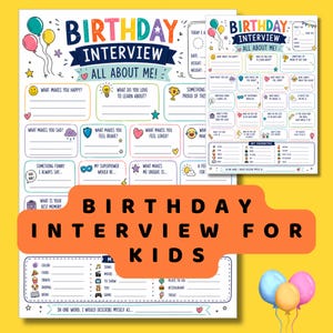 Könnte beinhalten: Zwei farbenfrohe Geburtstag-Interview-Blätter für Kinder. Die Blätter haben Ausfüllfelder mit Fragen wie "Was macht dich glücklich?" und "Meine Superkraft wäre...". Dekoriert mit Luftballons und Sternen.