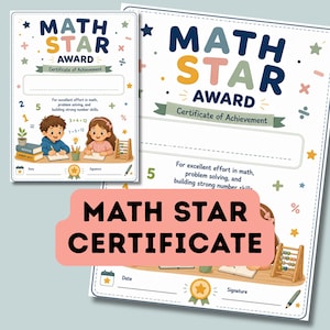 Pode incluir: Um certificado Math Star Award com um design colorido. O certificado apresenta o texto "MATH STAR AWARD" e "Certificate of Achievement". Inclui ilustrações de crianças, um ábaco e símbolos matemáticos. O certificado foi concebido para reconhecer o esforço em matemática.