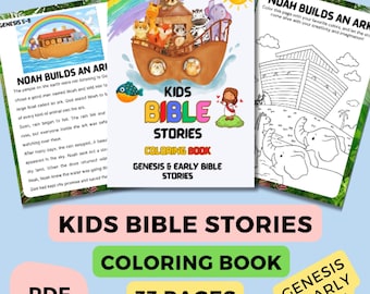 May include: A colorful children's coloring book titled "Kids Bible Stories" with illustrations of Noah's Ark and various animals. The book includes the text "Genesis & Early Bible Stories" and "33 Pages".
