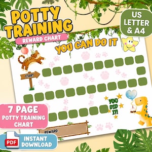 Pode incluir: Um gráfico de recompensas para desfralde com tema de selva, um tigre, um dinossauro e pegadas. O texto inclui POTTY TRAINING REWARD CHART, YOU CAN DO IT, YOU DID IT e REWARD, com quadrados verdes para marcar o progresso.