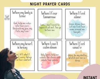 Night Prayer Cards for Anxiety & Sleep, Christian Printable Cards for Peace And Rest, Calming Scripture Cards (24 Cards)