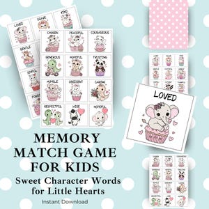May include: A memory match game for kids featuring illustrated animals on cupcakes, each representing a character word like "Loved" or "Brave." The game includes cards with pink polka dots and the text "Memory Match Game for Kids."