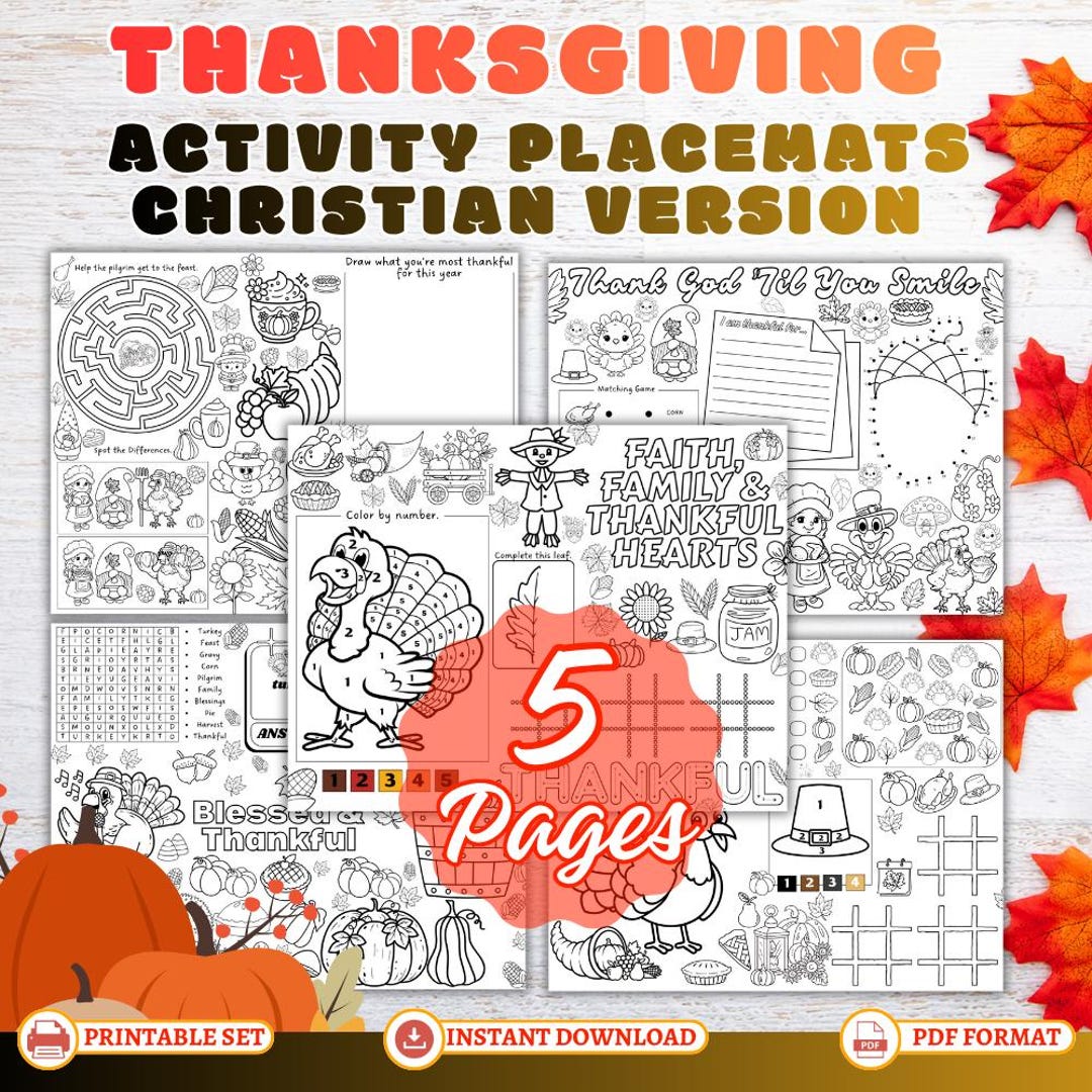 Christian Thanksgiving Placemats for Kids, Printable Games, Coloring ...