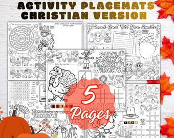 May include: A set of five printable Thanksgiving activity placemats featuring black and white line art designs. The pages include mazes, word searches, color-by-number turkey illustrations, tic-tac-toe games, and text such as Faith, Family & Thankful Hearts.