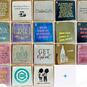 Könnte beinhalten: Eine Sammlung quadratischer Keramikuntersetzer mit verschiedenen Designs und Texten. Die Untersetzer zeigen Sätze wie "Laundry today or naked tomorrow", "Get Naked" und "an coke zero a day keeps the doctor away". Andere Untersetzer haben Illustrationen und Logos.