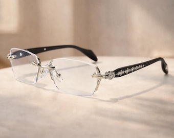Rimless Rectangle Glasses, Y2K Blue Light Blocking Eyeglasses, Silver Metal Frame Computer Glasses