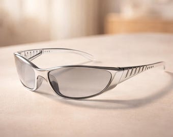 Y2K Silver Sunglasses, Futuristic Hollow Frame Shades, Trendy Tech Style Sunglasses