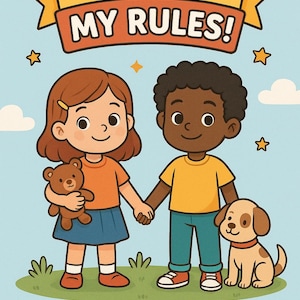 May include: A children's book cover with the text "MY BODY MY RULES!" above illustrations of two children holding hands and a dog. The book is titled "A Coloring Book About Safe and Unsafe Touches."
