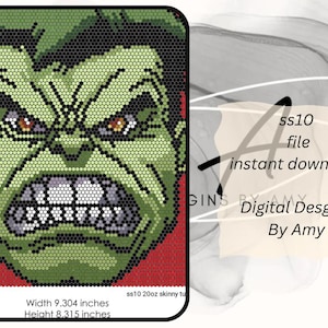 May include: A digital graphic design featuring a pixelated green character face with a red background. The text reads ss10 file, instant download, Digital Designs By Amy, and dimensions of 9.304 inches in width and 8.315 inches in height.