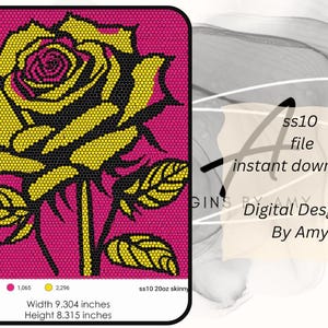 Op de afbeelding: Een digitaal ontwerp met een gele en zwarte roos op een roze achtergrond. De roos is 23,6 cm breed en 21,1 cm hoog. Tekst bevat "ss10 file instant download Digital Designs By Amy."