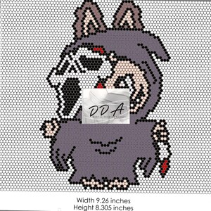 May include: A pixelated illustration of a wolf with a wide open mouth, in shades of gray, black, and red. The image is set against a white background with a honeycomb pattern. The image is 9.26 inches wide and 8.305 inches high.