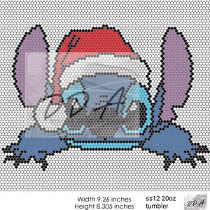 May include: A pixelated image of a blue cartoon character wearing a red and white Santa hat. The character has large purple ears and a wide, toothy grin. The image is labeled "ss12 20oz tumbler" and measures 9.26 inches wide and 8.305 inches high.