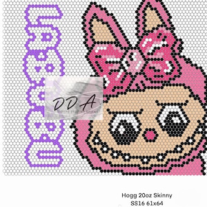 May include: A pixelated design of a pink bunny with a bow, black eyes, and a smiling mouth. The word "Easter" is spelled out in purple pixels. The image includes the text "Hogg 20oz Skinny" and "SS16 61x64".