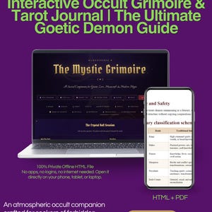 Könnte beinhalten: Auf lila Hintergrund steht "Interactive Occult Grimoire & Tarot Journal | The Ultimate Goetic Demon Guide". Ein Laptop und Smartphone zeigen ein digitales Grimoire. Auf einem goldenen Button steht "Instant Download".
