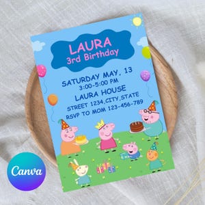 Peppa Pig Geburtstagseinladung Bearbeitbar | Fee-Party-Thema | Schweinchen-Party-Einladung, süße Mädchen-Party-Einladung | Sofortiger digitaler Download