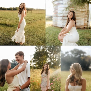 May include: A collection of images featuring women in various white and floral dresses, posing in a field. The dresses have different styles, including a tiered maxi dress and a floral mini dress. The setting is outdoors with natural light.