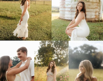 May include: A collection of images featuring women in various white and floral dresses, posing in a field. The dresses have different styles, including a tiered maxi dress and a floral mini dress. The setting is outdoors with natural light.