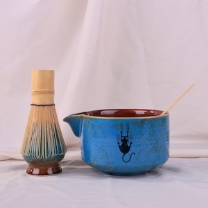 Blue Matcha Bowl Set, Hand-Painted Black Cat Matcha Bowl, Ceramic Matcha Bowl, Matcha Gift Set