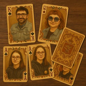 May include: Custom playing cards with portraits, in a vintage style. The cards include a King, Queen, and two Aces, each with a portrait. The backs of the cards have a decorative design. The cards are arranged on a wooden surface.
