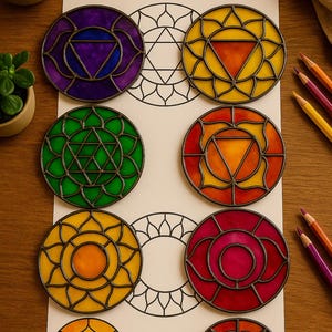 May include: A collection of stained glass chakra coasters in various colours, each with a black metal frame. The coasters feature geometric designs in shades of purple, yellow, green, orange, and red. The paper has the text "Luma Glass".