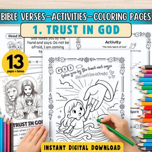 Puede incluir: Descarga digital de páginas para colorear con versículos bíblicos y actividades. La imagen muestra una página para colorear con el texto "1. TRUST IN GOD" y una ilustración de una mano extendida hacia un niño. También se ven lápices de colores.