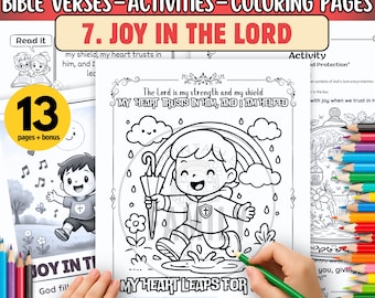 May include: A coloring book page with the text "7. Joy in the Lord" and "My Heart Trusts in Him, and I am Helped." The image features a child with an umbrella in the rain, a rainbow, and the words "My Heart Leaps For." Includes 13 pages plus bonus.