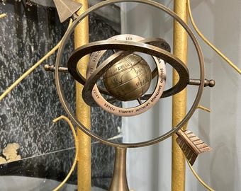 Antique Brass Armillary Sphere with Zodiac Signs – Celestial Globe Desk Decor