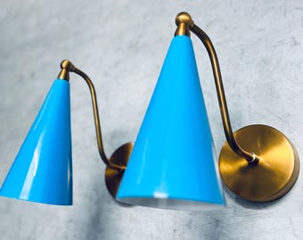 Pair of Blue Cone Wall Sconces – Mid Century Modern Brass Wall Lamps