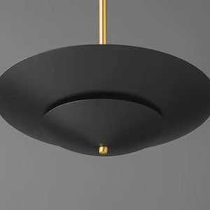 May include: A matte black pendant light fixture featuring two stacked circular metal discs of varying sizes. The fixture is suspended by a thin, vertical brass-colored rod that connects to the center, with a small brass-colored finial at the bottom.