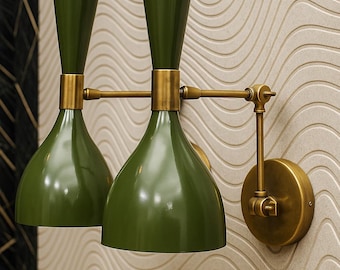 Middeleeuwse moderne groene kleur dubbele kegel wandkandelaar – verstelbare messing wandlamp