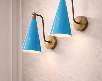 Zestaw kinkietów ściennych w stylu Mid Century Modern w kolorze niebieskim | Regulowana lampa mosiężna