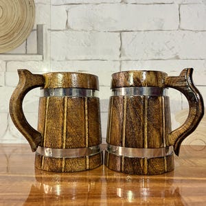 Handmade Wooden Beer Mugs with Metal Bands - Viking Tankard Set of 2