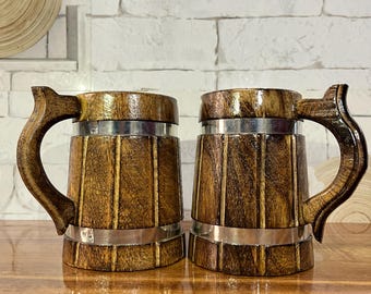 Handmade Wooden Beer Mugs with Metal Bands - Viking Tankard Set of 2