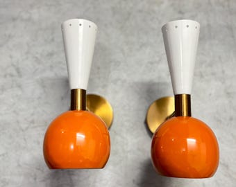Mid Century Modern Orange Globe Wall Sconces - Brass Retro Light Fixtures (Set of 2)