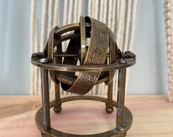 Mini Brass Armillary Sphere with Zodiac Signs | Astrological Desk Decor | Vintage Celestial Globe Replica