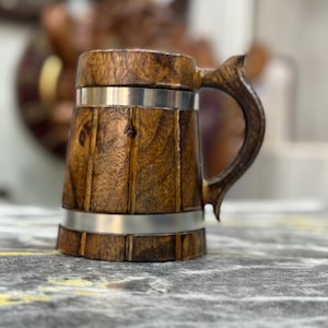 Handcrafted Wooden Beer Mug: Rustic Viking Tankard with Stainless Steel Lining