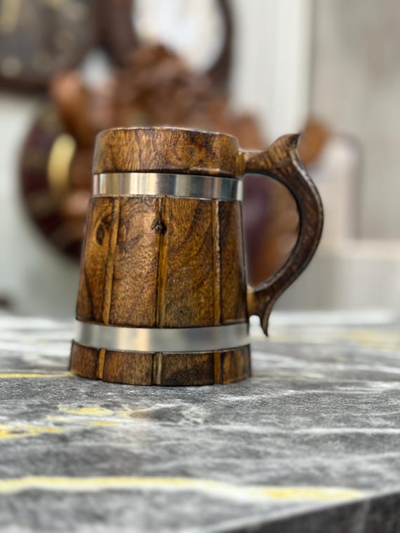 Handcrafted Wooden Beer Mug: Rustic Viking Tankard with Stainless Steel Lining