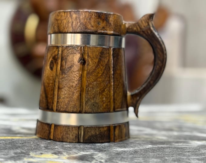 Handcrafted Wooden Beer Mug: Rustic Viking Tankard with Stainless Steel Lining