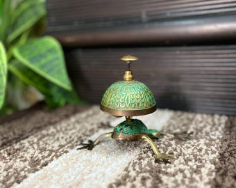 Vintage Brass Frog Bell – Handcrafted Decorative Animal Figurine with Etched Enamel Design