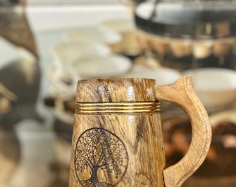 Personalised Handmade Mango Wood Beer Mug – Rustic Tree of Life Tankard
