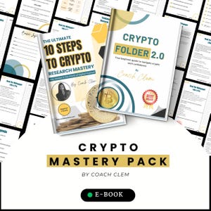 Puede incluir: Se muestran dos libros, "The Ultimate 10 Steps to Crypto Research Mastery" y "Crypto Folder 2.0". Las cubiertas blancas tienen detalles coloridos e imágenes de una mujer y una moneda Bitcoin. También se ve el texto "Crypto Mastery Pack".